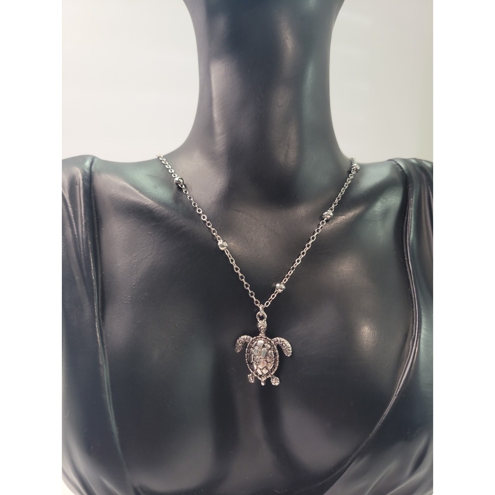 Sea Turtle Pendant Necklace Silver Tone Rhinestone Coastal Beach Jewelry
